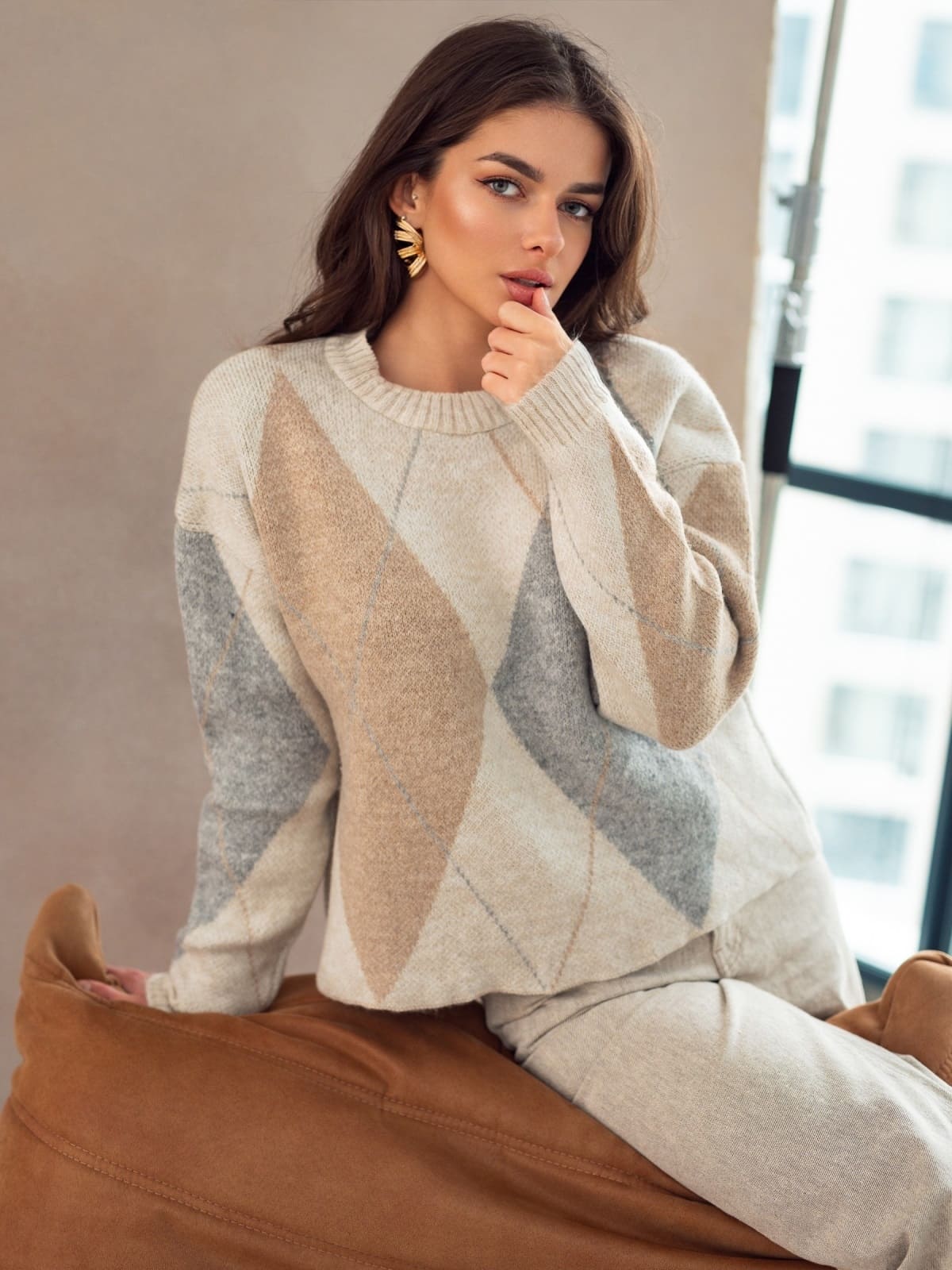 Джемпер світло-бежевий з візерунком ромби | 93390 Джемпер світло-бежевий з візерунком ромби | 93390