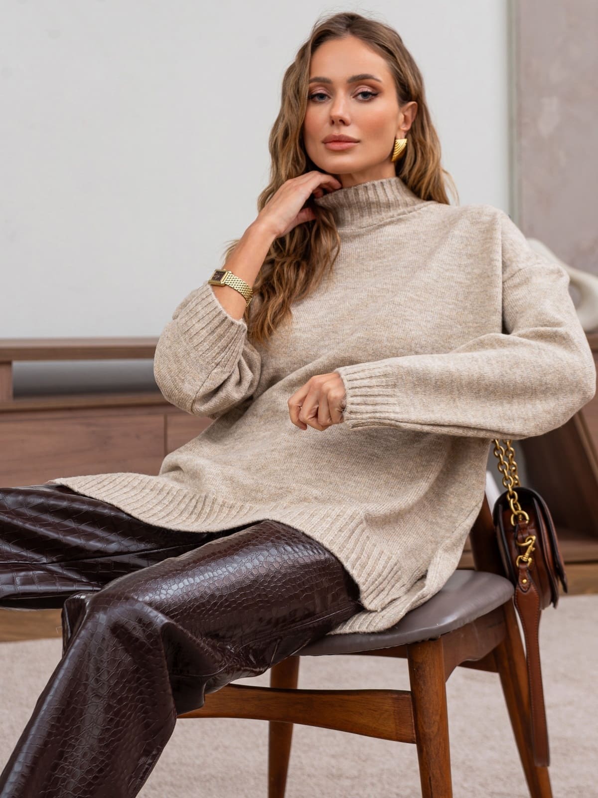 Подовжений светр дрібної в'язки бежевий | 93639