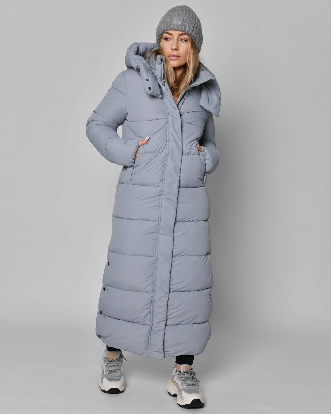 Зимовий довгий пуховик сіро-блакитний | 93529