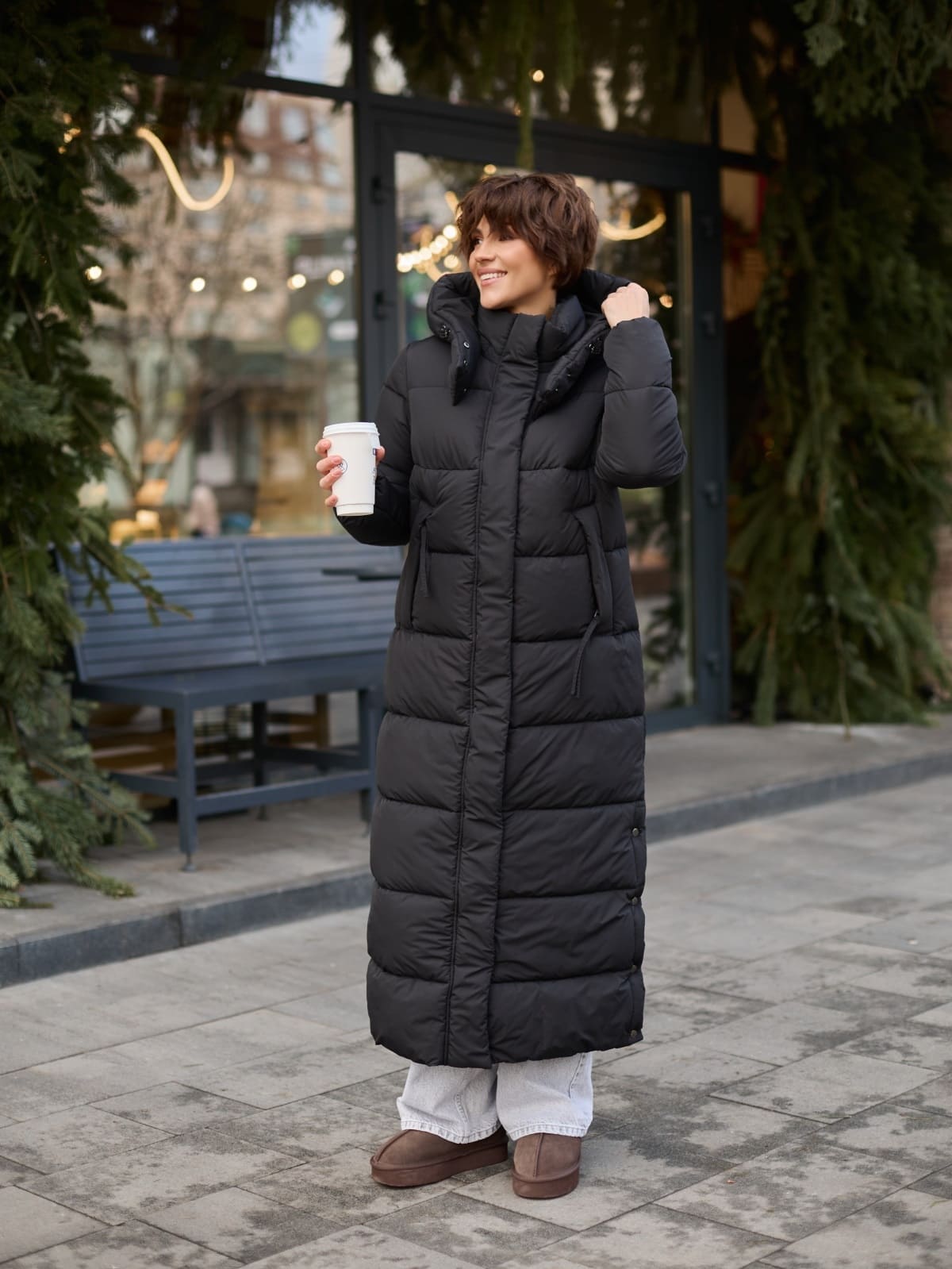 Зимовий довгий пуховик чорний | 93600 Зимовий довгий пуховик чорний | 93600