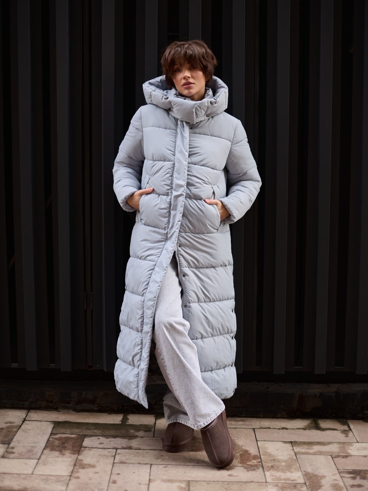 Зимовий довгий пуховик сіро-блакитний | 93529