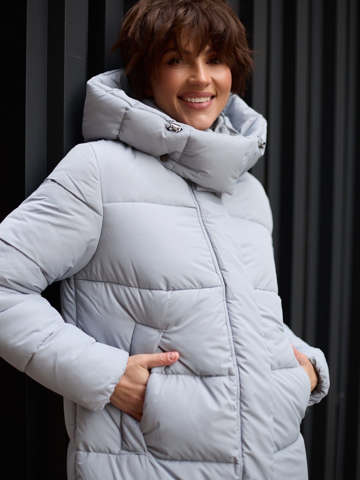 Зимовий довгий пуховик сіро-блакитний | 93529