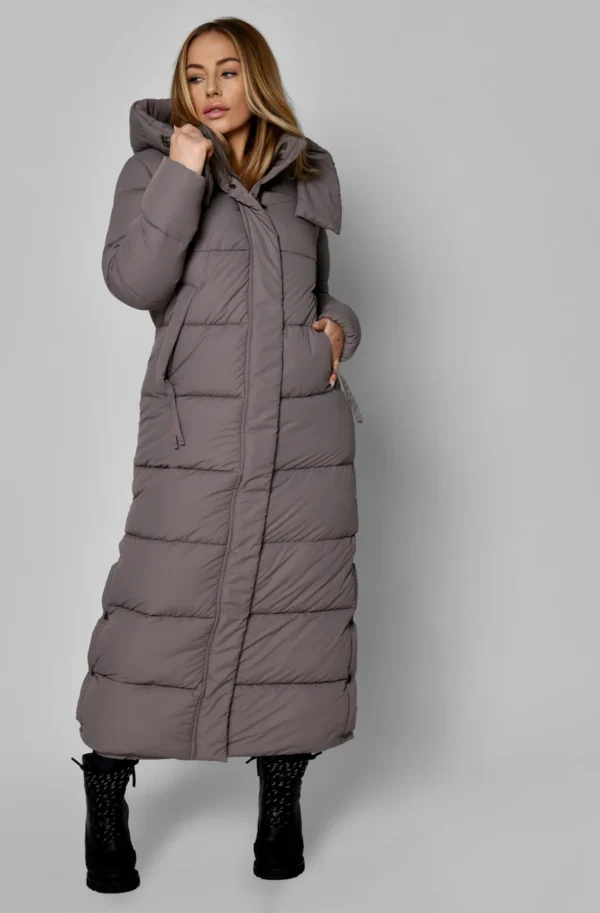 Зимовий довгий пуховик темно-бежевий | 93563
