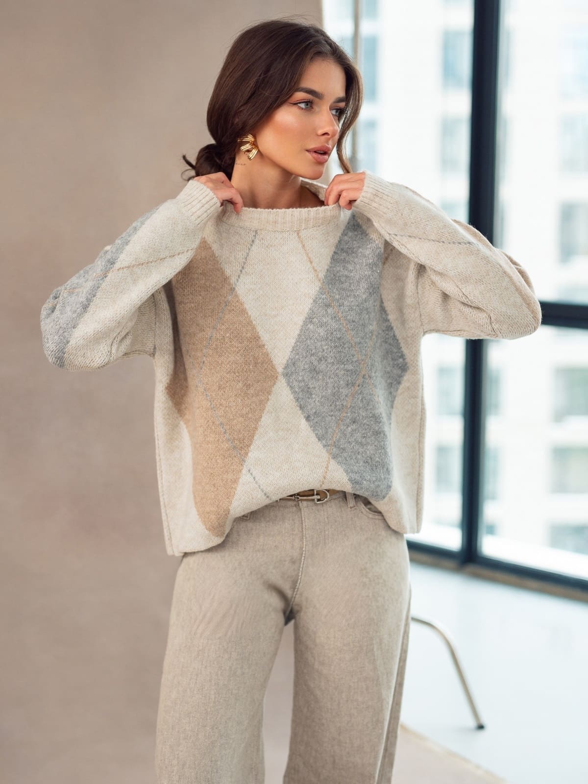 Джемпер світло-бежевий з візерунком ромби | 93390 Джемпер світло-бежевий з візерунком ромби | 93390