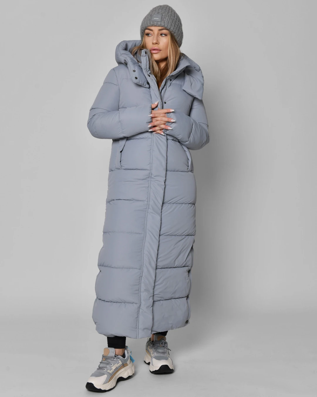 Зимовий довгий пуховик сіро-блакитний | 93529