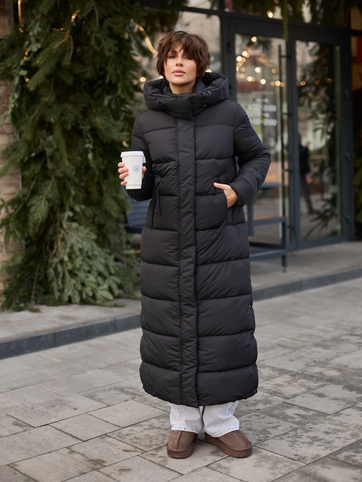 Зимовий довгий пуховик чорний | 93600 Зимовий довгий пуховик чорний | 93600