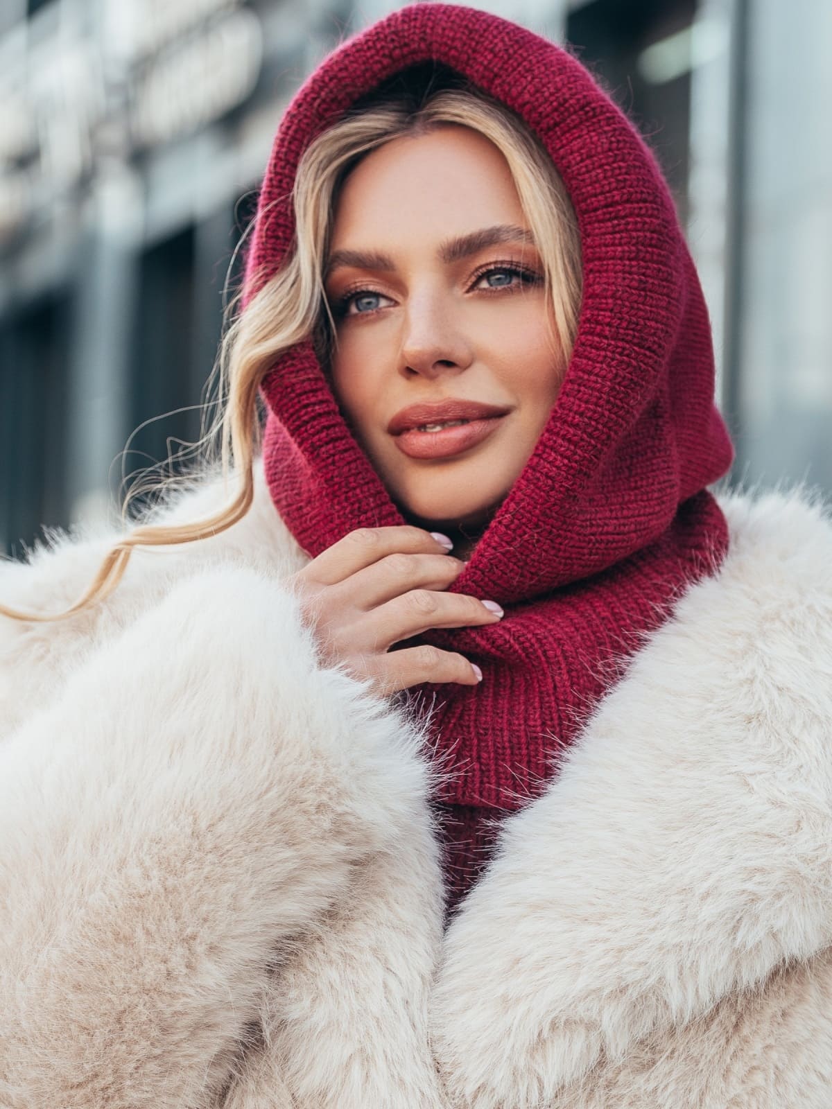 Вовняний капор дрібної в'язки бордовий | 94183