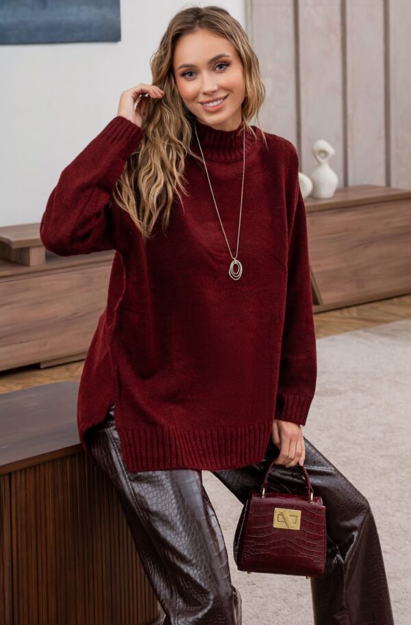 Подовжений светр дрібної в'язки бордовий | 94245