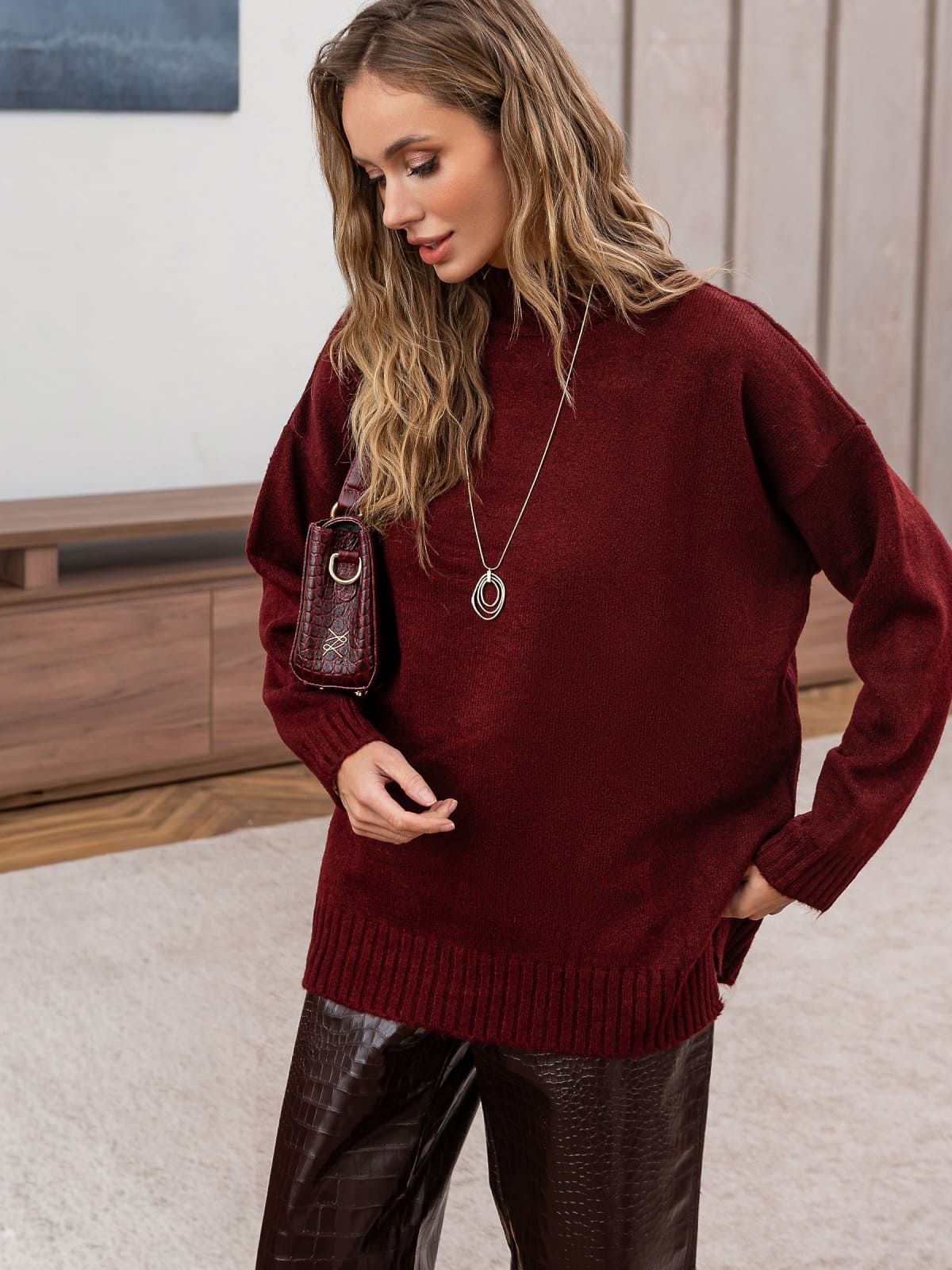 Подовжений светр дрібної в'язки бордовий | 94245 Подовжений светр дрібної в'язки бордовий | 94245
