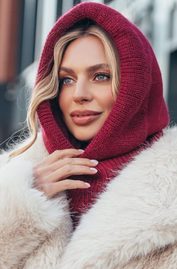 Вовняний капор дрібної в'язки бордовий | 94183