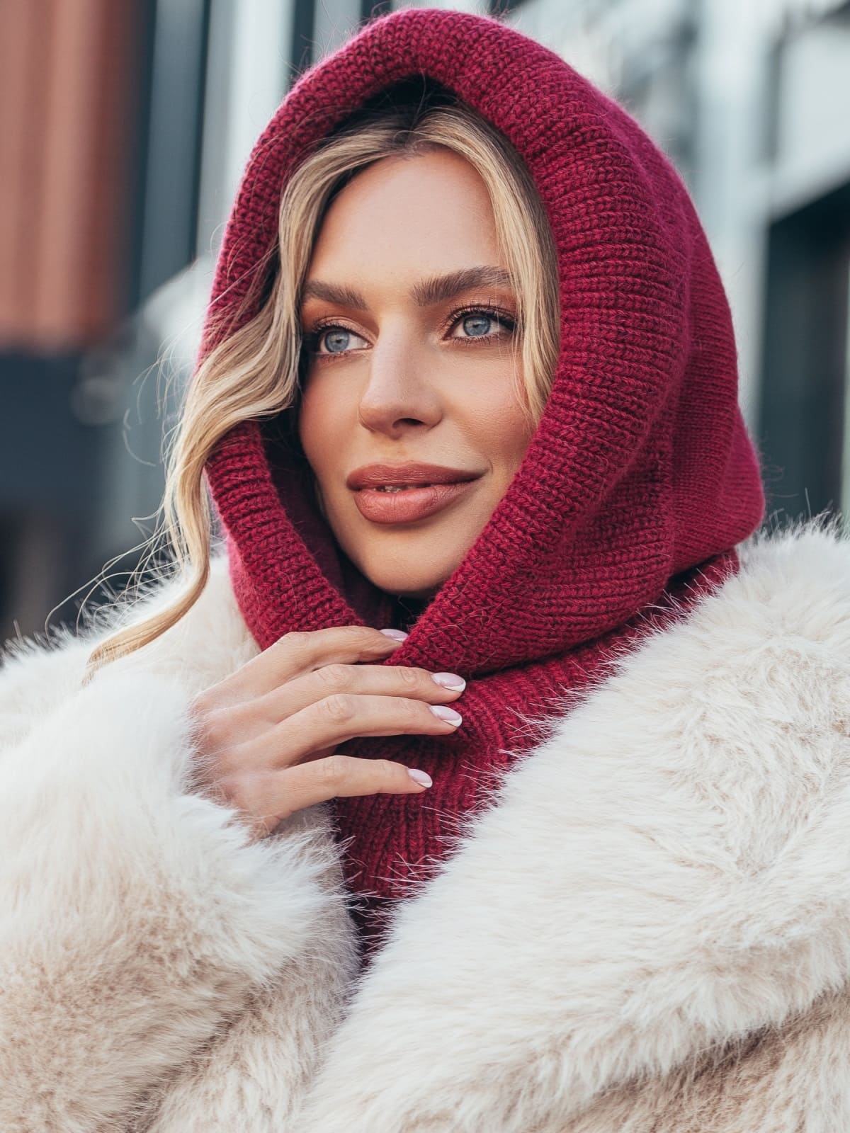 Вовняний капор дрібної в'язки бордовий | 94183