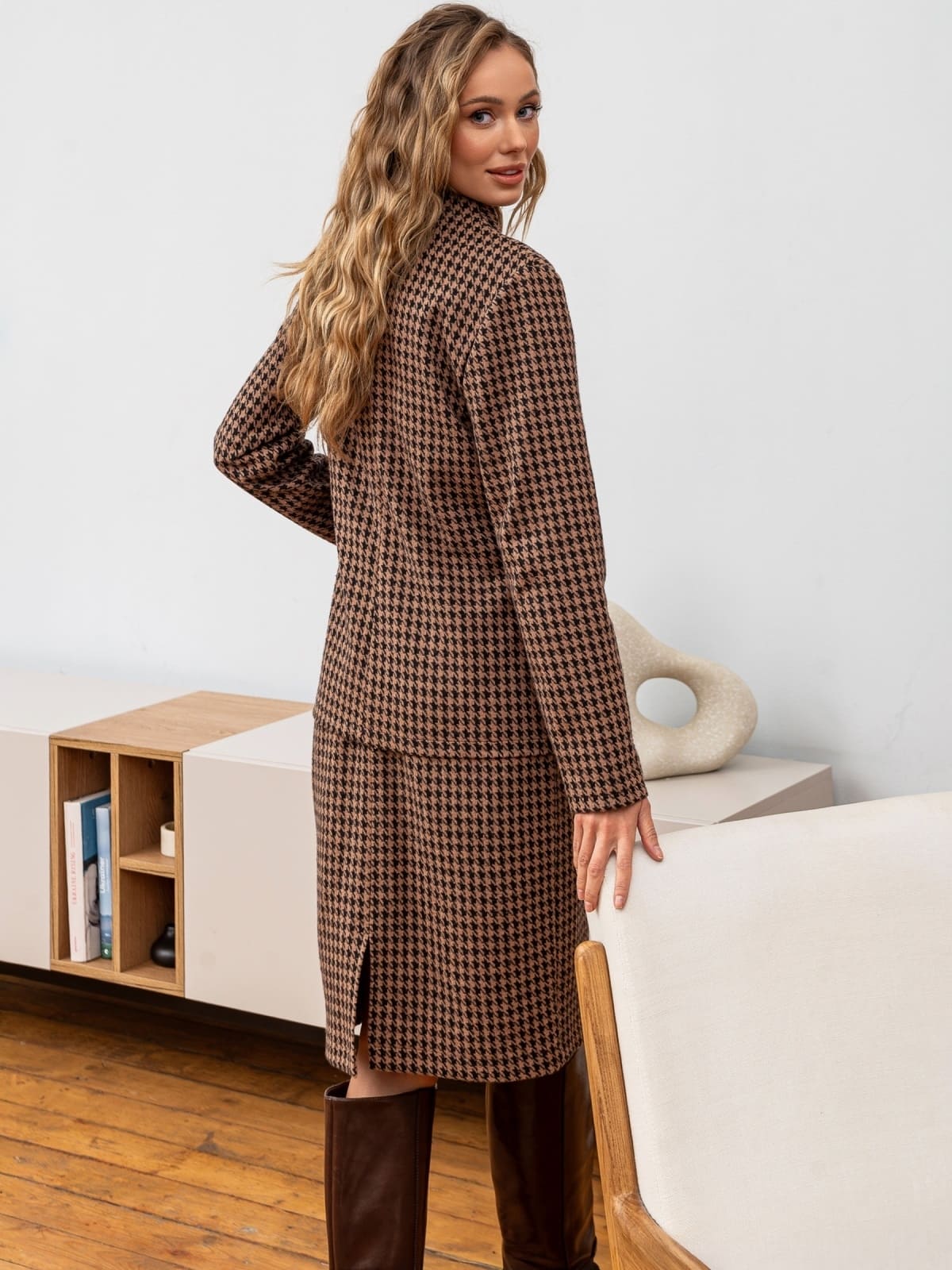 Вовняна спідниця в гусячу лапку коричнева | 94233