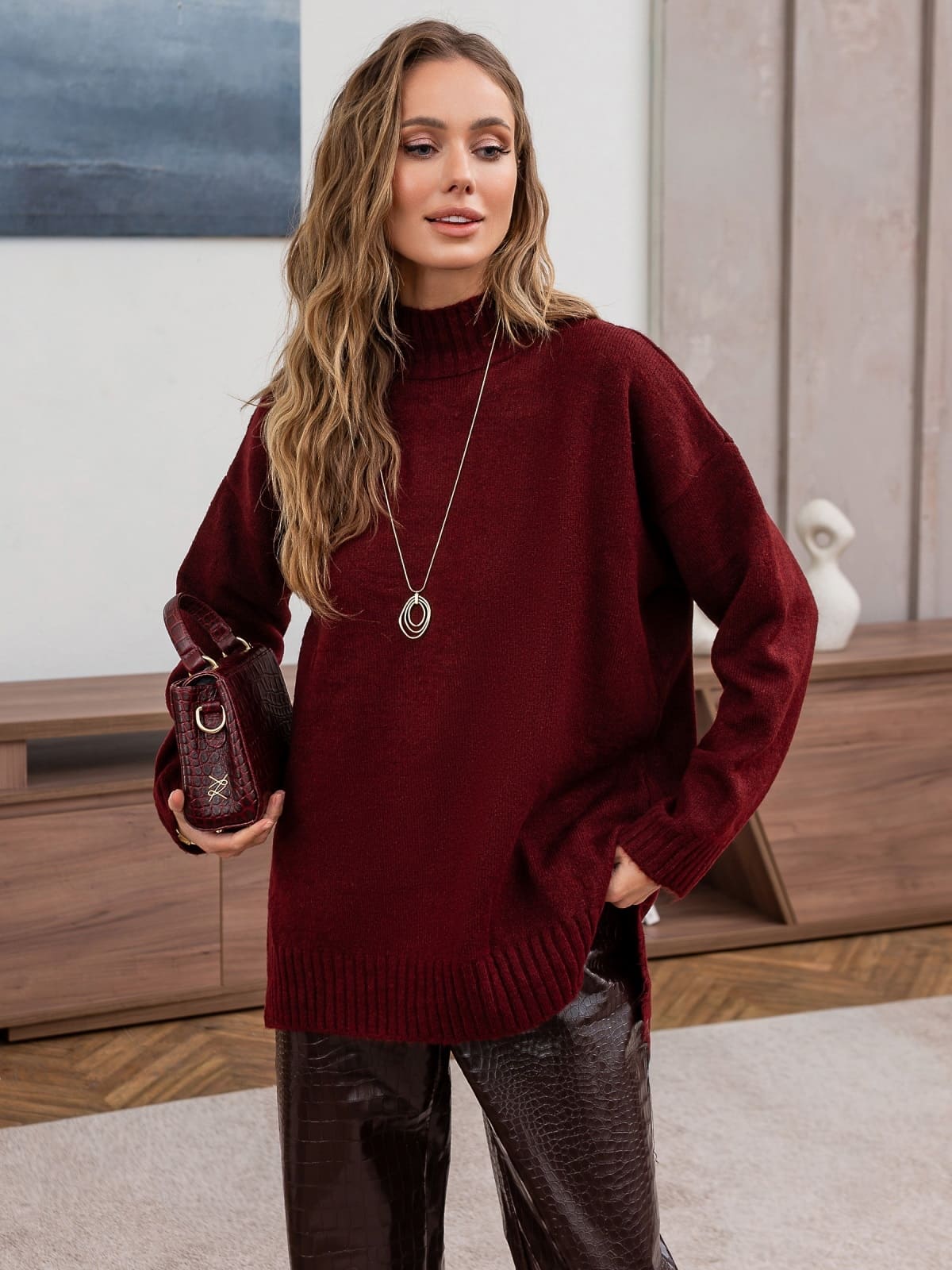 Подовжений светр дрібної в'язки бордовий | 94245 Подовжений светр дрібної в'язки бордовий | 94245