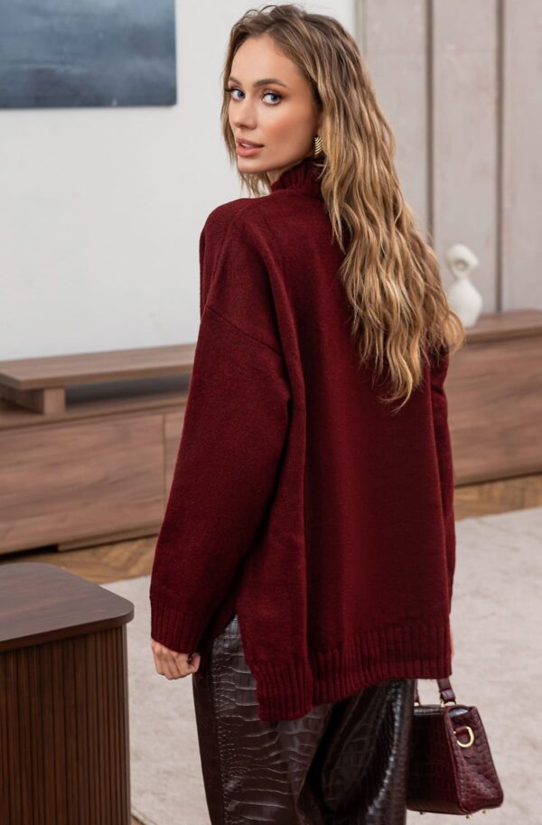 Подовжений светр дрібної в'язки бордовий | 94245