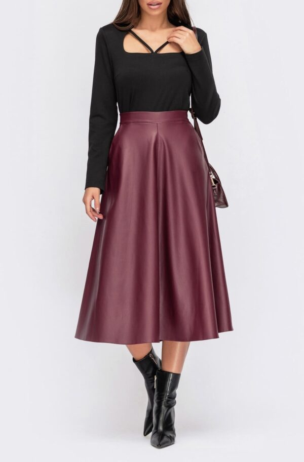 Розкльошена спідниця з екошкіри бордова | 94523
