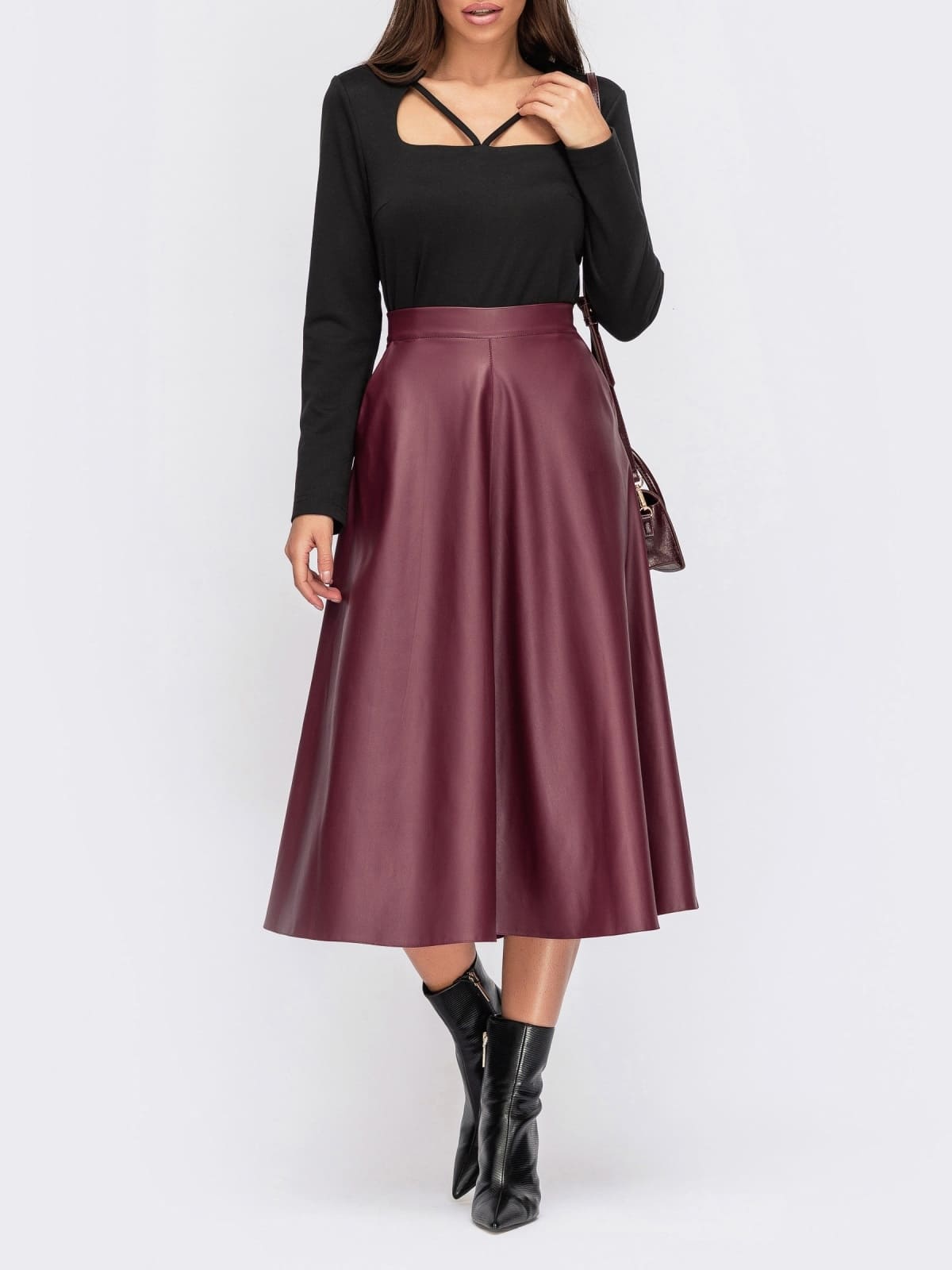 Розкльошена спідниця з екошкіри бордова | 94523