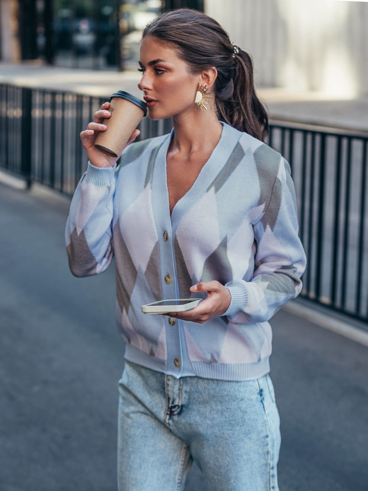 Жіночий кардиган з візерунком ромби блакитний | 94780