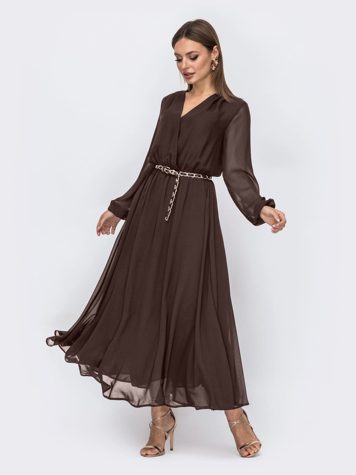 Святкова шифонова сукня кльош коричнева | 94680
