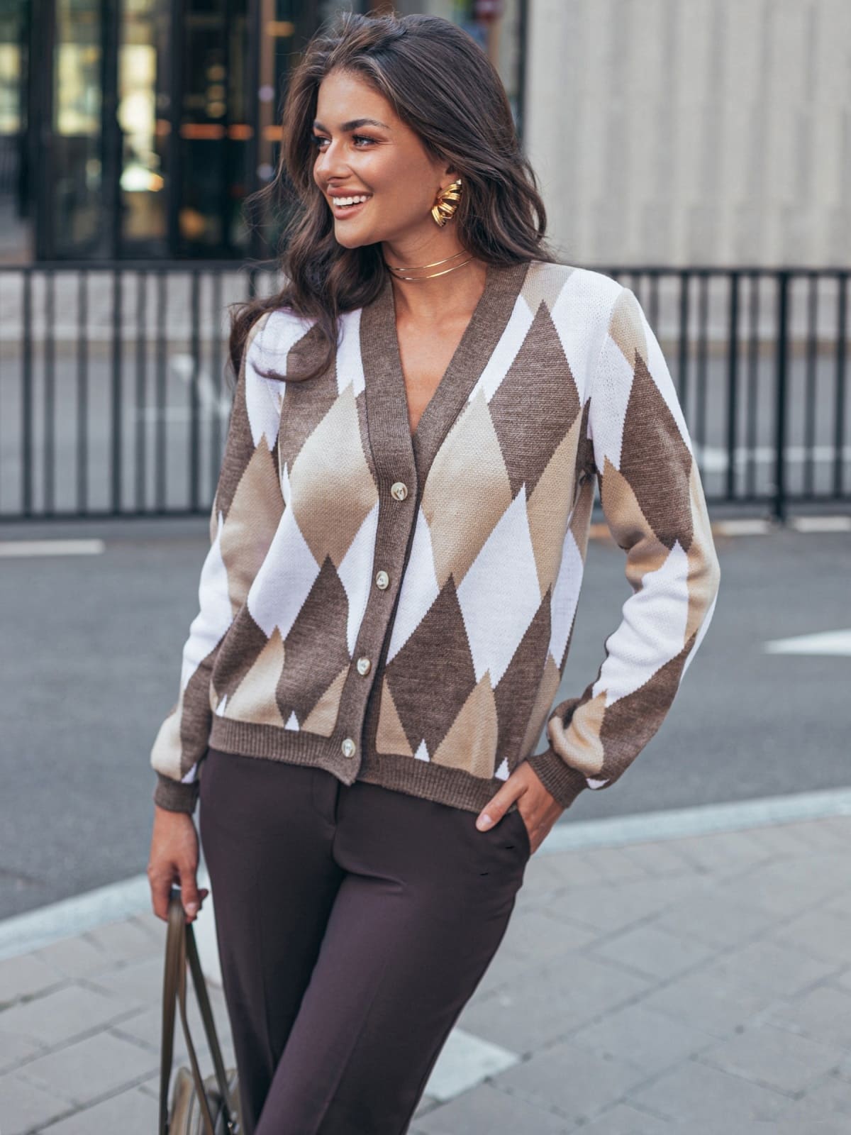 Кардиган з візерунком ромби коричневий | 94798