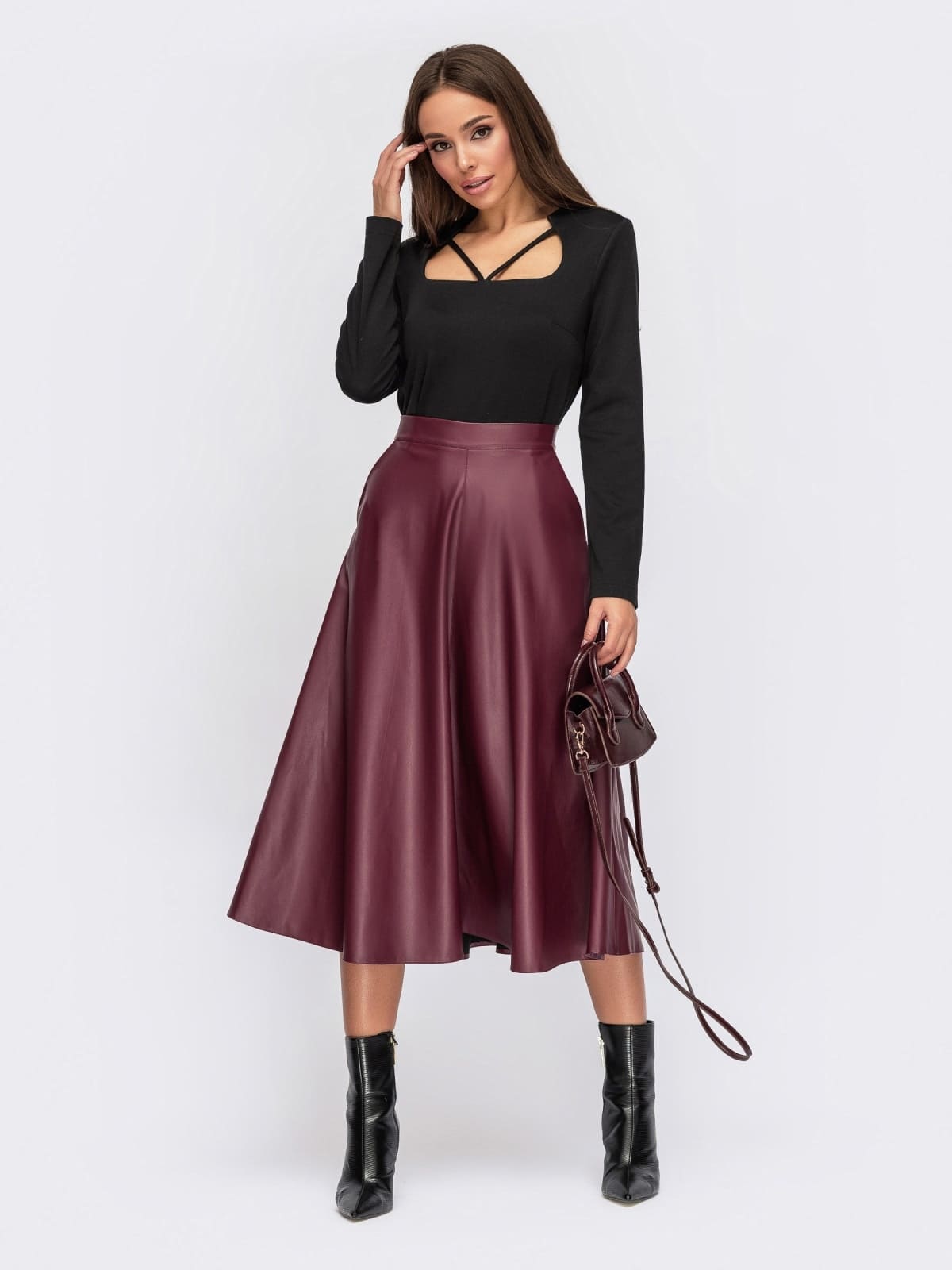 Розкльошена спідниця з екошкіри бордова | 94523