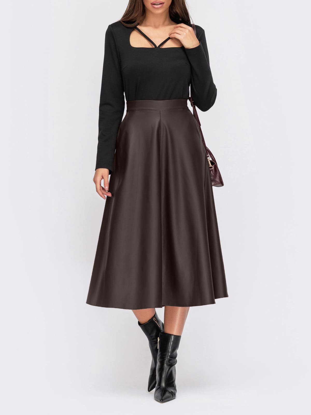 Розкльошена спідниця з екошкіри коричнева | 94537