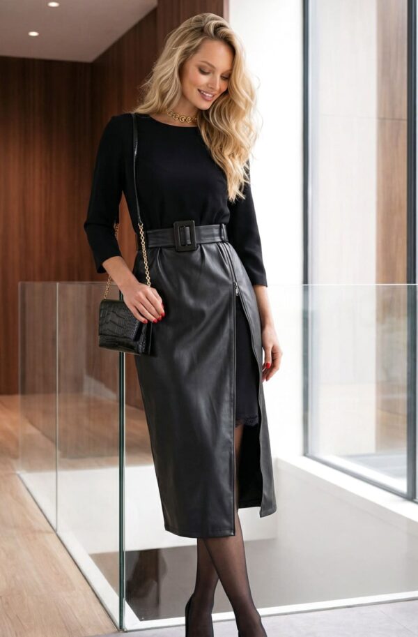 Комбінована сукня з дайвінгу та екошкіри чорна | 94605