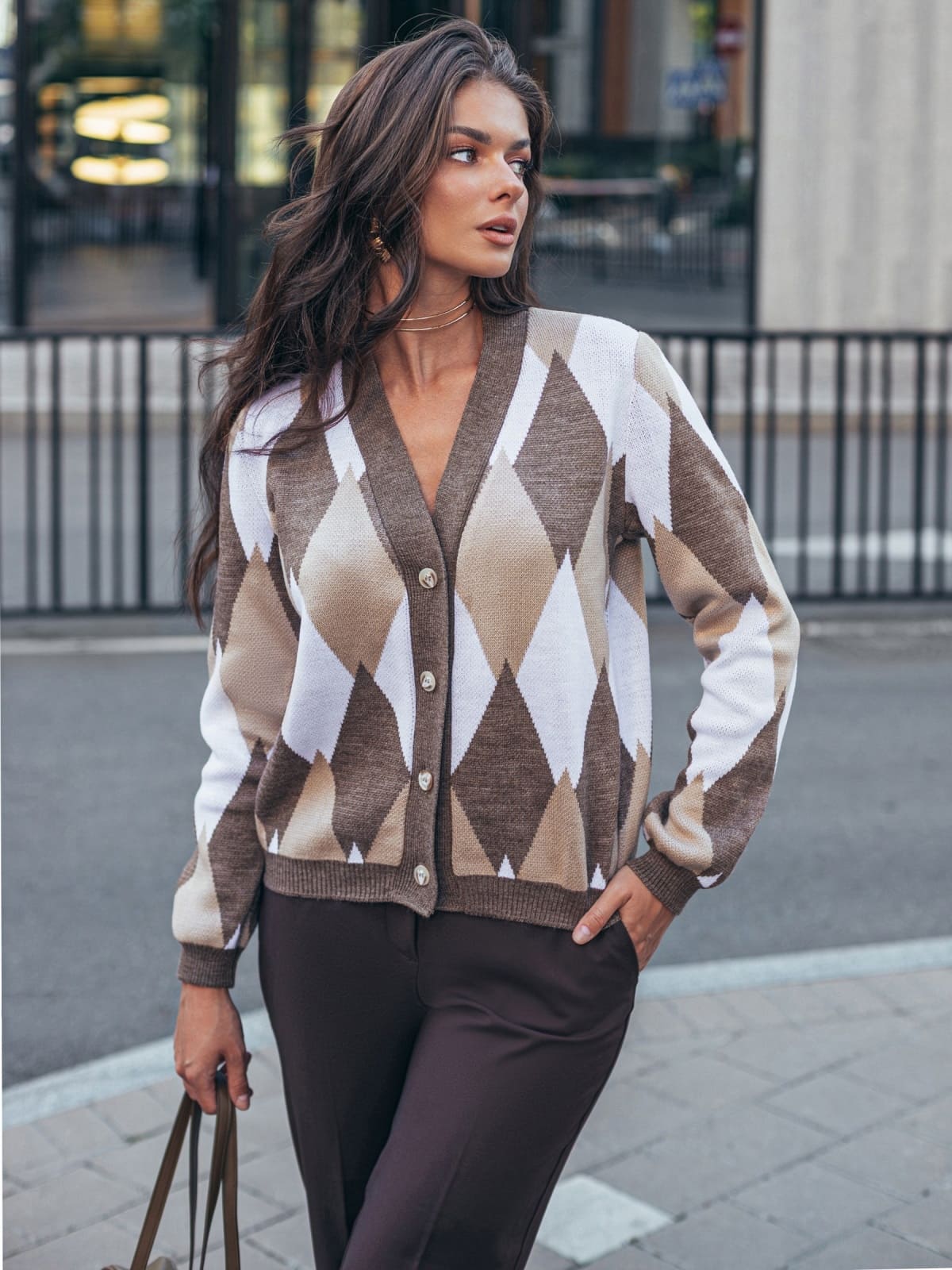 Кардиган з візерунком ромби коричневий | 94798