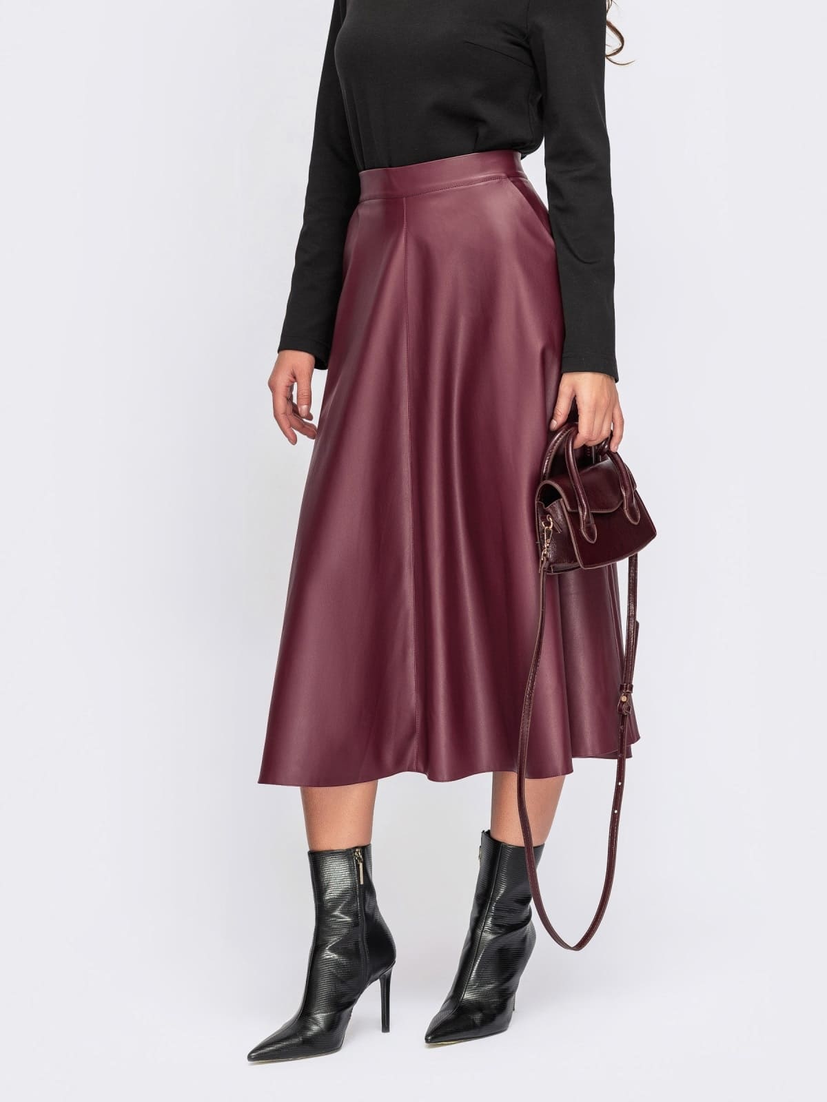 Розкльошена спідниця з екошкіри бордова | 94523