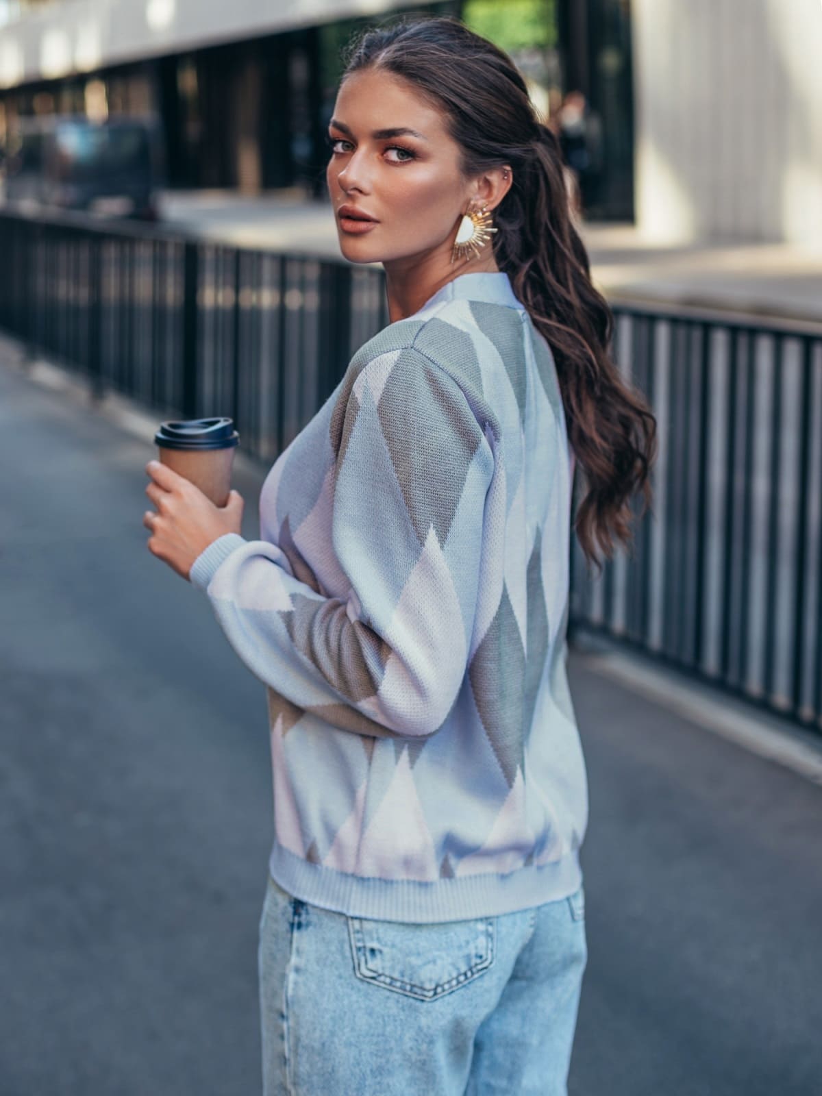 Жіночий кардиган з візерунком ромби блакитний | 94780