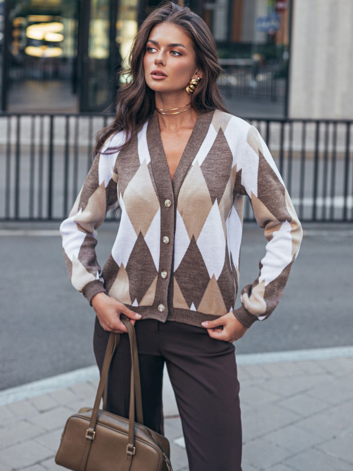 Кардиган з візерунком ромби коричневий | 94798