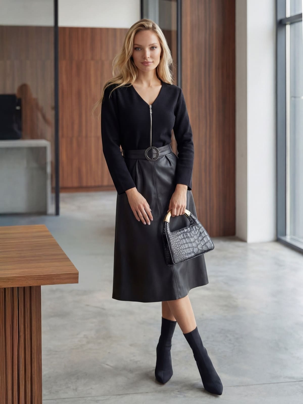 Сукня з м'якого трикотажу та екошкіри чорна | 94618