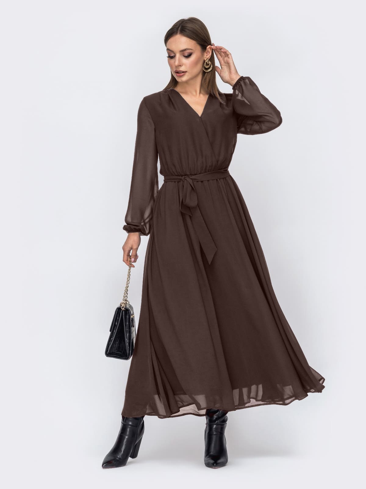 Святкова шифонова сукня кльош коричнева | 94680