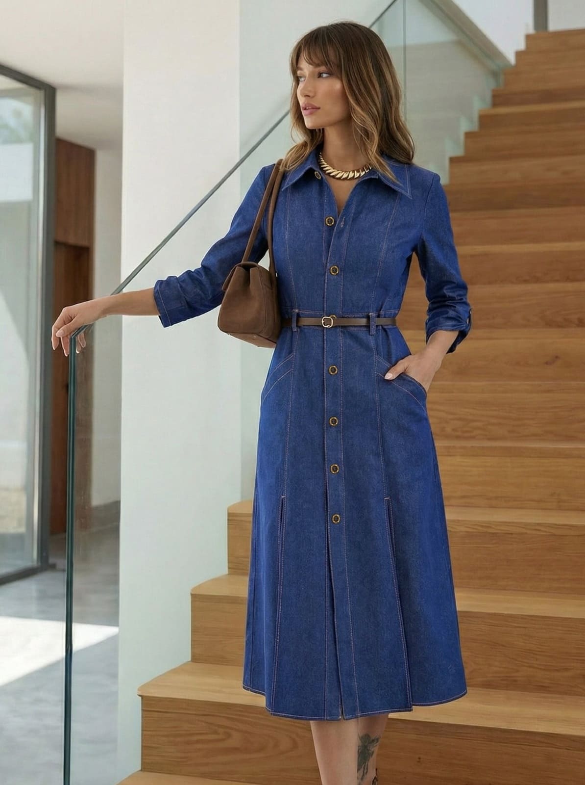 Джинсова приталена сукня з розрізами синя | 94699 Джинсова приталена сукня з розрізами синя | 94699