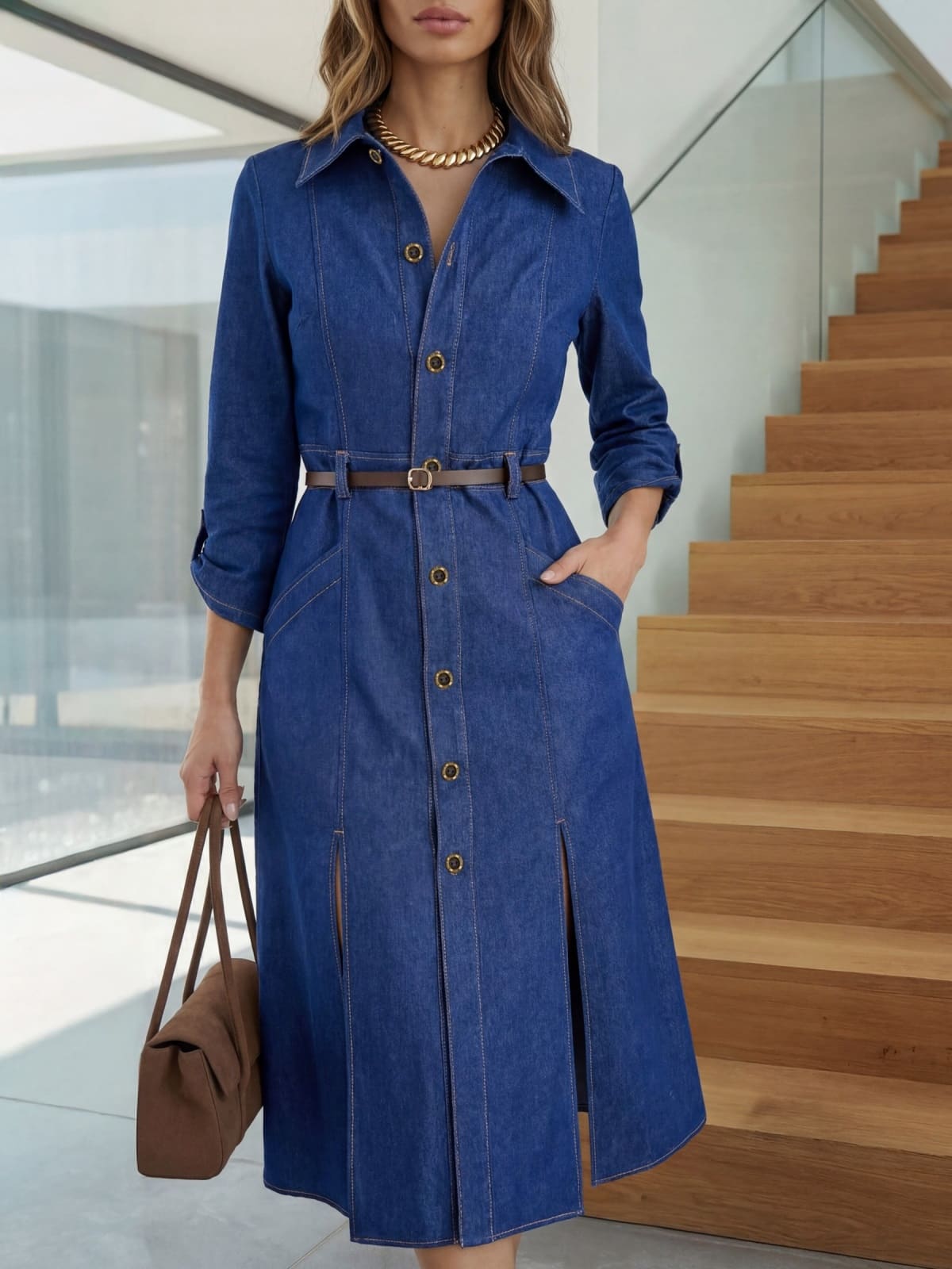 Джинсова приталена сукня з розрізами синя | 94699 Джинсова приталена сукня з розрізами синя | 94699