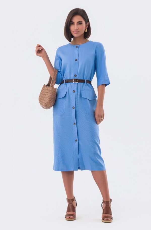 Стильна сукня-сорочка з льону блакитна | 95504