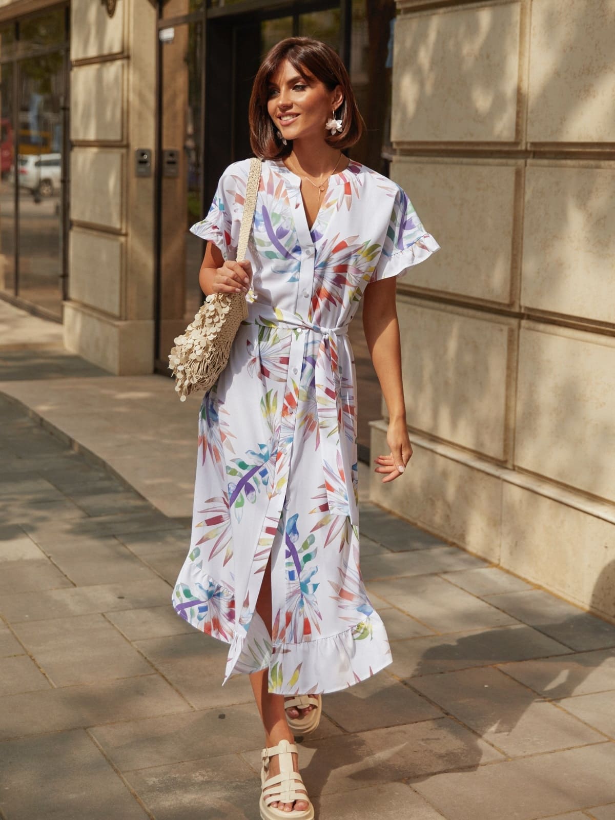 Принтована сукня з оборкою по низу біла | 95221 Принтована сукня з оборкою по низу біла | 95221