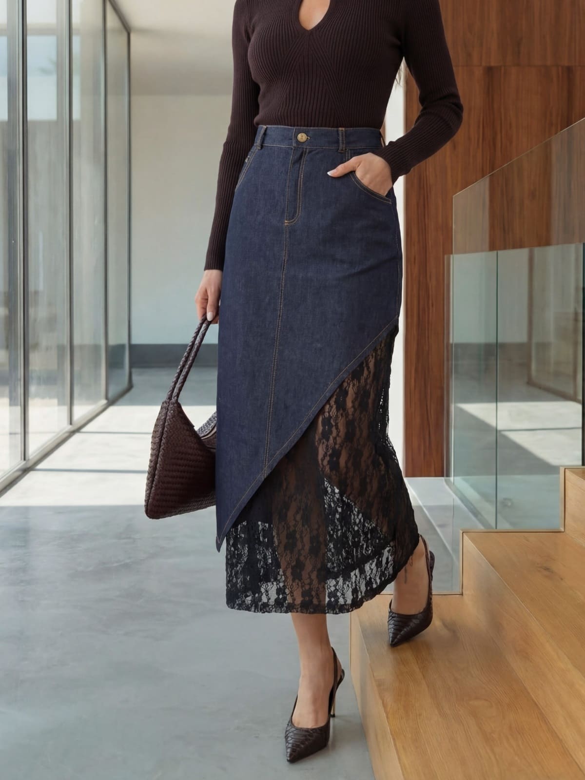 Джинсова спідниця з мереживом темно-синя | 95328 Джинсова спідниця з мереживом темно-синя | 95328