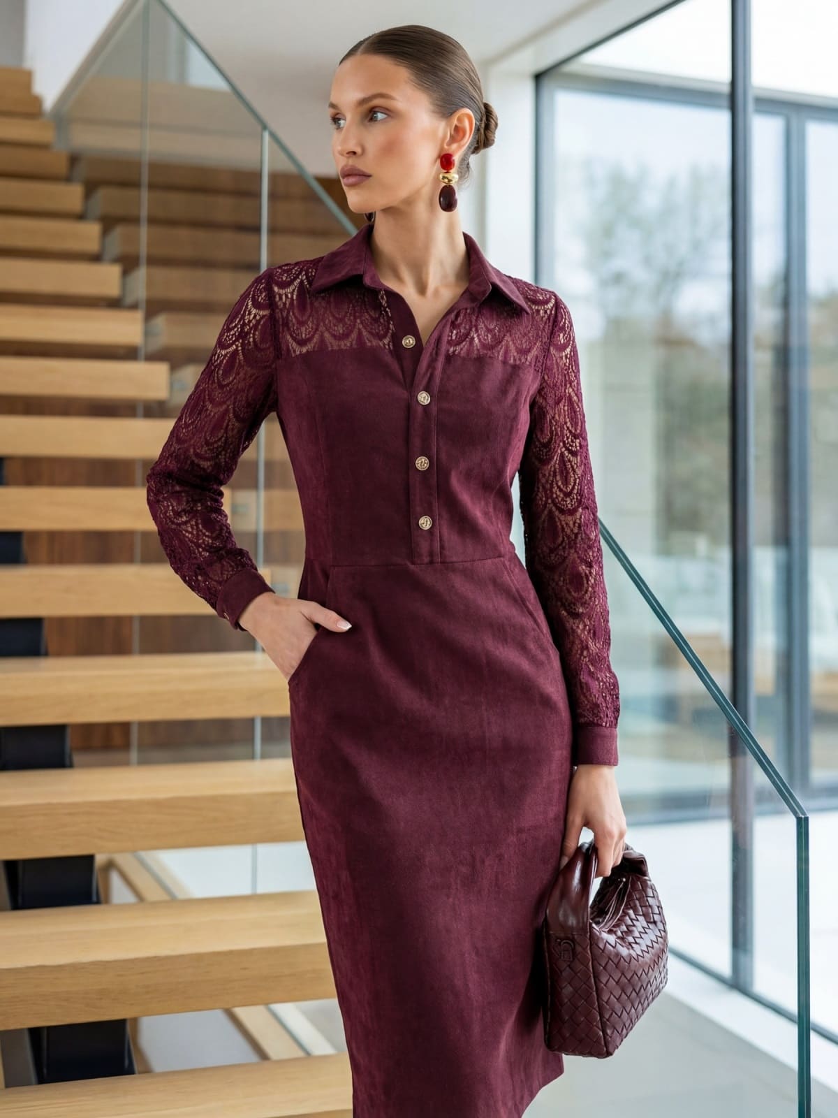 Сукня з екозамші футляр з мереживом бордова | 95260 Сукня з екозамші футляр з мереживом бордова | 95260