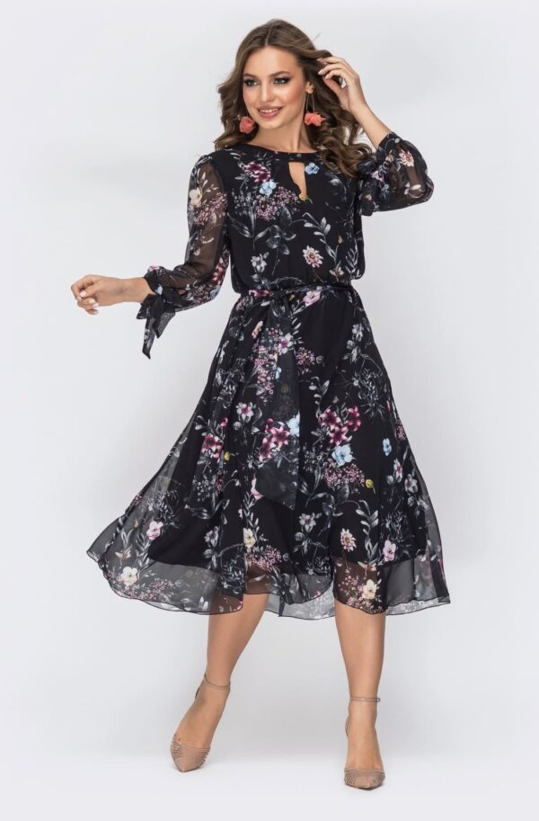 Шифонова розкльошена чорна сукня в принт | 94926