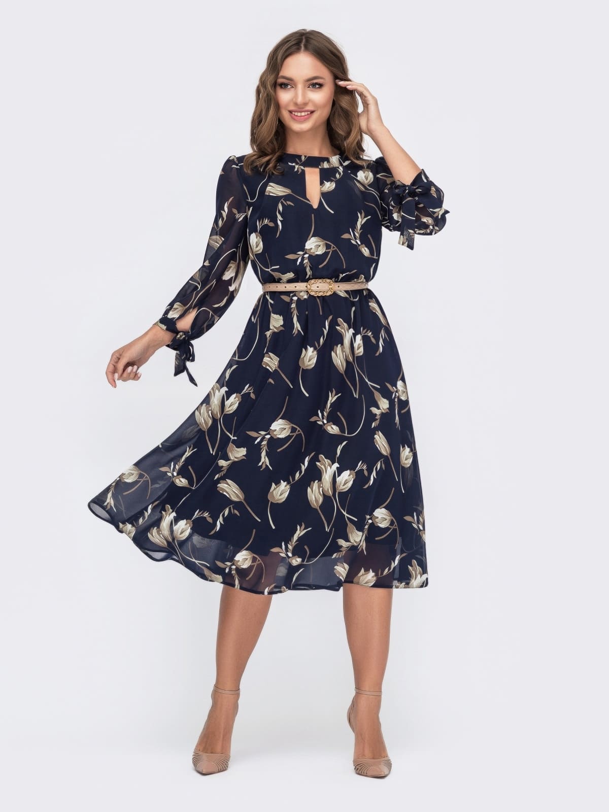 Шифонова розкльошена сукня темно-синя в принт | 94963 Шифонова розкльошена сукня темно-синя в принт | 94963