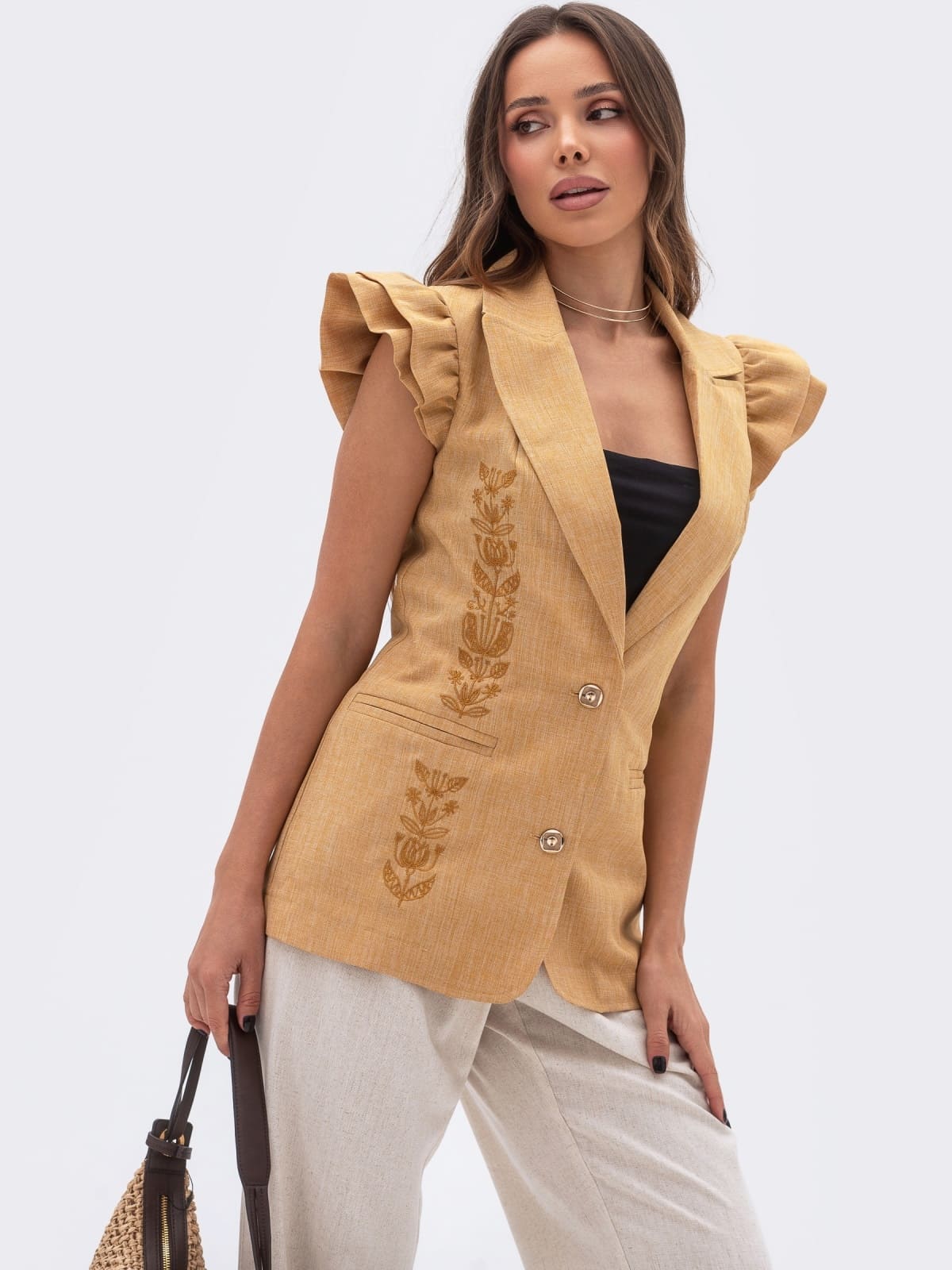 Жилет з габардину з вишивкою бежевий | 94889 Жилет з габардину з вишивкою бежевий | 94889