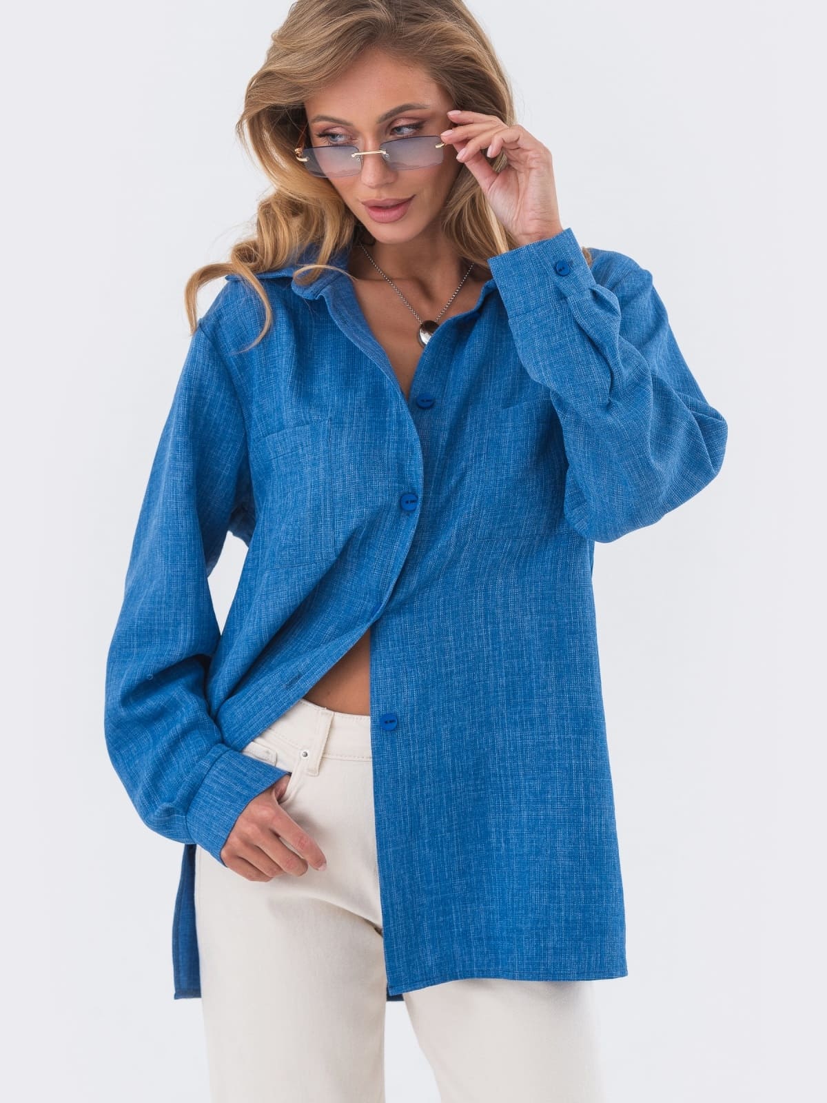 Подовжена сорочка вільного крою синя | 95409 Подовжена сорочка вільного крою синя | 95409