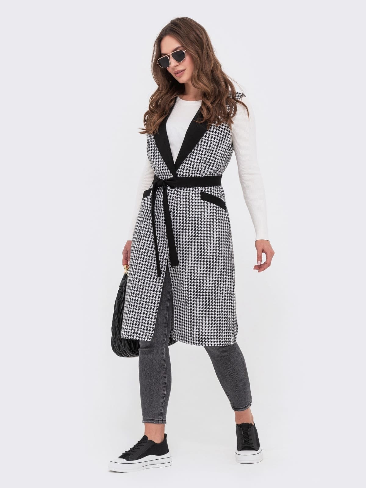 Жакардовий подовжений жилет чорно-білий | 94879 Жакардовий подовжений жилет чорно-білий | 94879