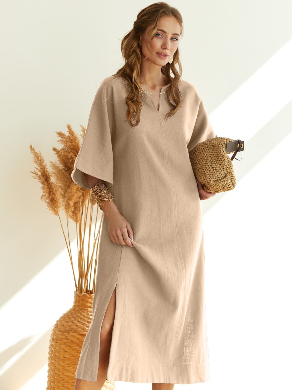 Бавовняна сукня вільного крою бежева | 95517 Бавовняна сукня вільного крою бежева | 95517