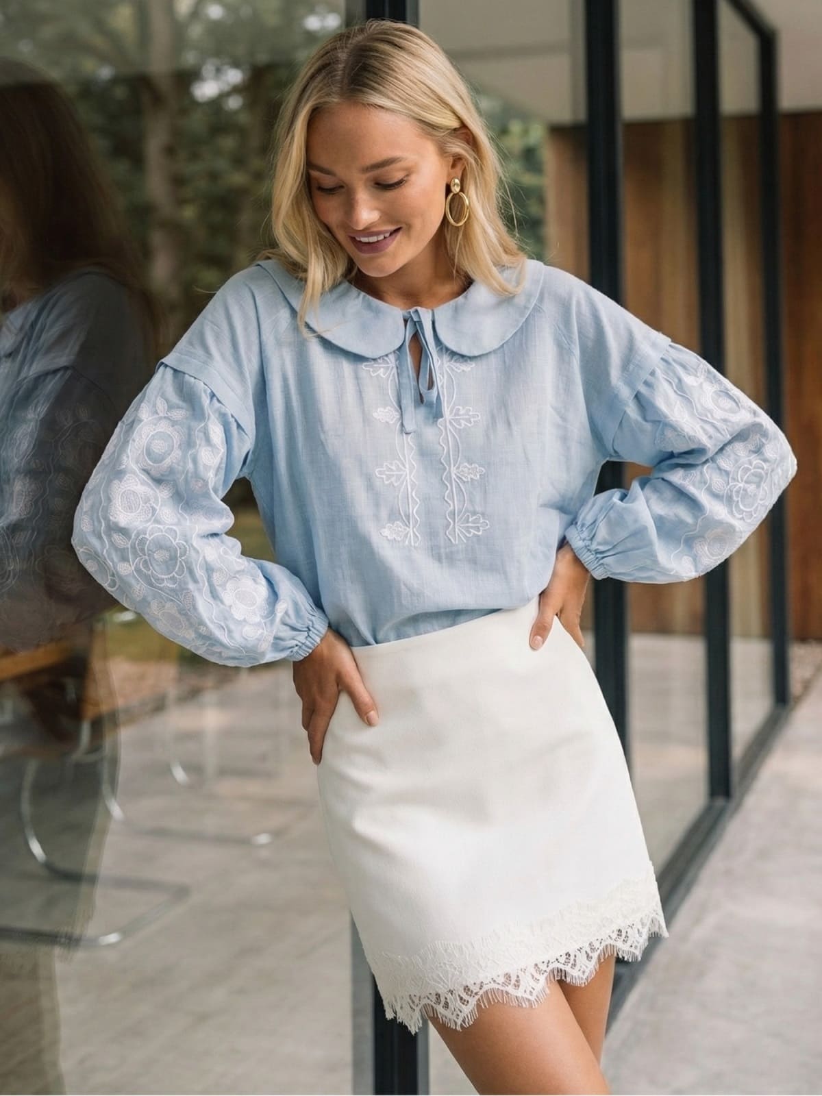 Літня блуза з білою вишивкою блакитна | 95365 Літня блуза з білою вишивкою блакитна | 95365
