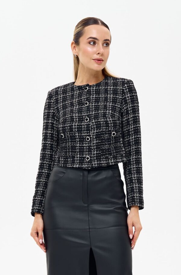 Короткий жакет букле в клітинку темно-сірий | 94824