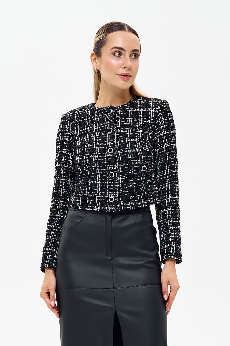 Короткий жакет букле в клітинку темно-сірий | 94824 Короткий жакет букле в клітинку темно-сірий | 94824