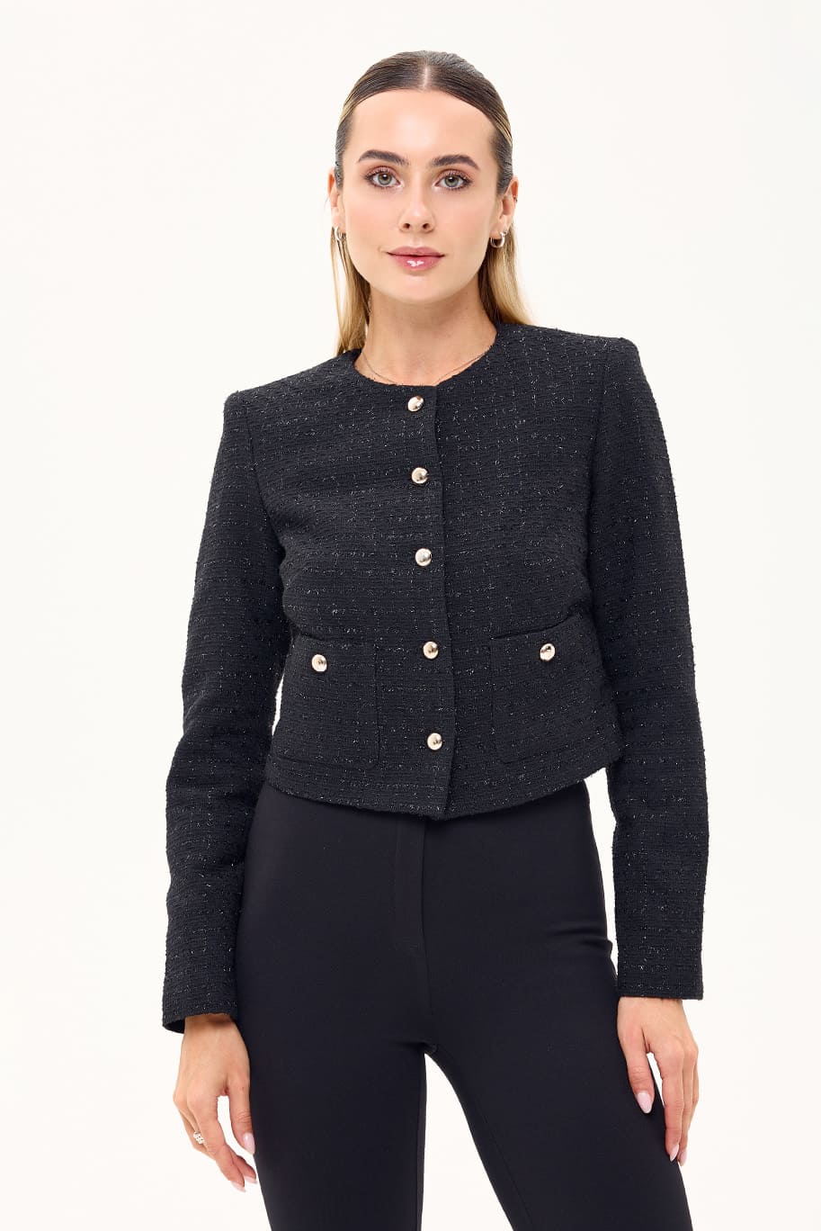 Короткий жакет букле в клітинку чорний | 94838