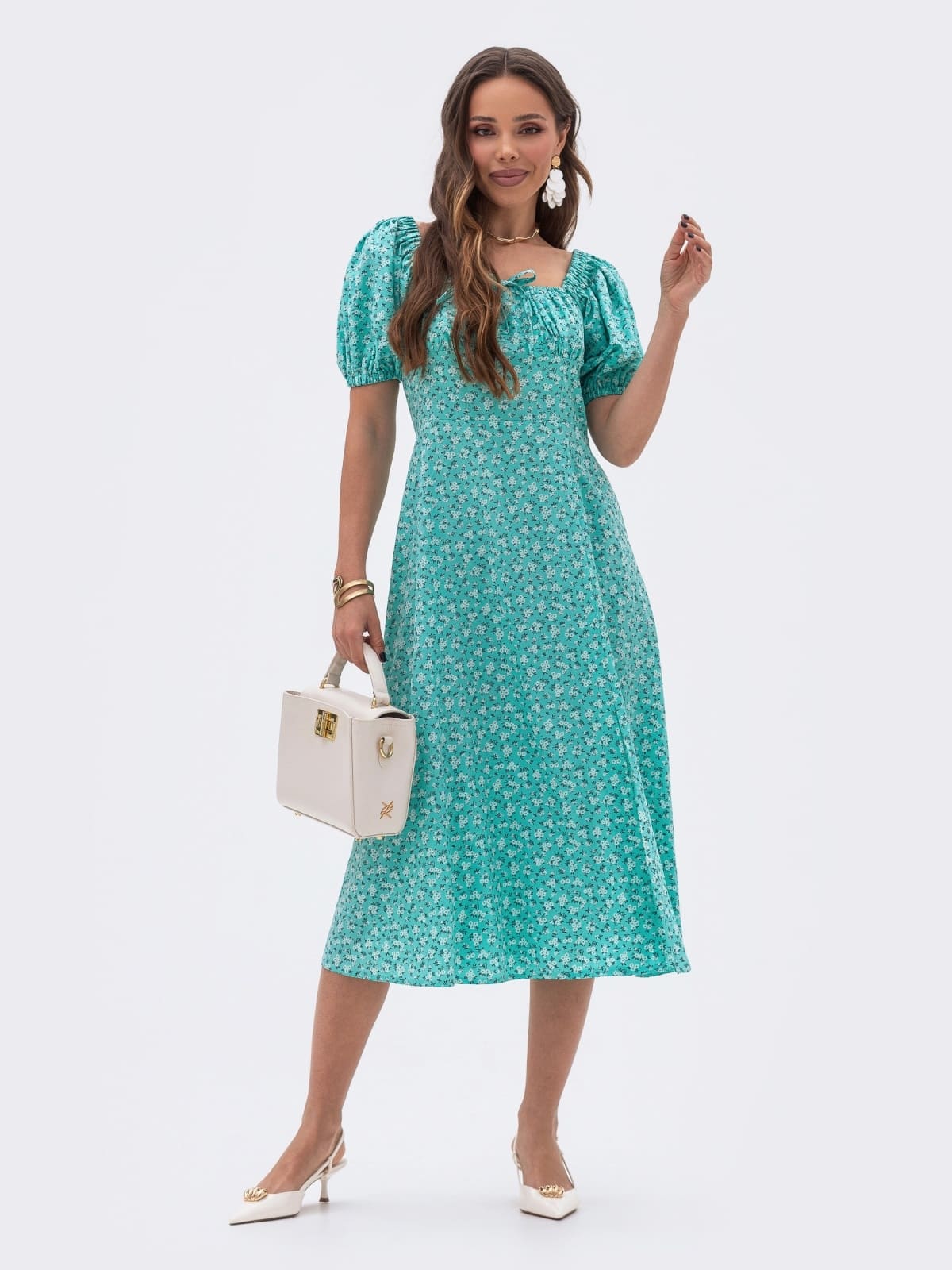 Принтована сукня з куліскою на ліфі бірюзова | 95238