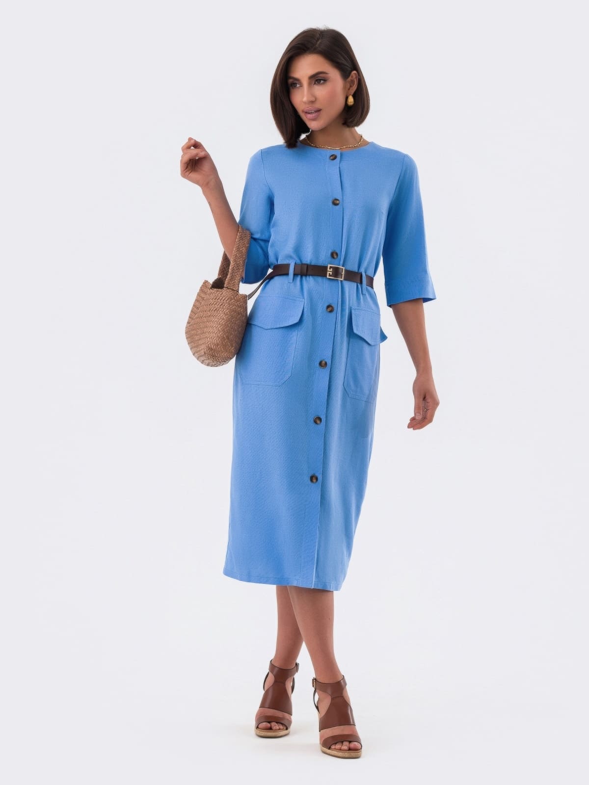 Стильна сукня-сорочка з льону блакитна | 95504 Стильна сукня-сорочка з льону блакитна | 95504